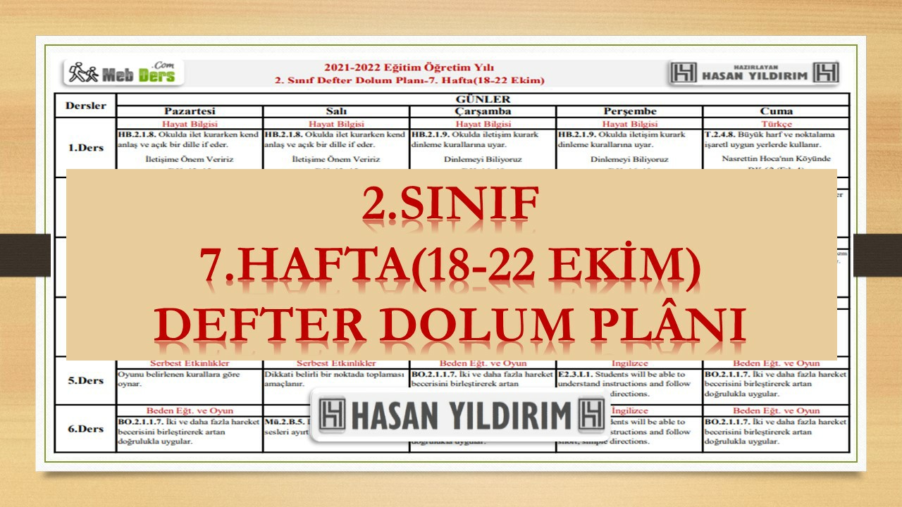 2. Sınıf 7.Hafta(18-22 Ekim) Defter Dolum Planı