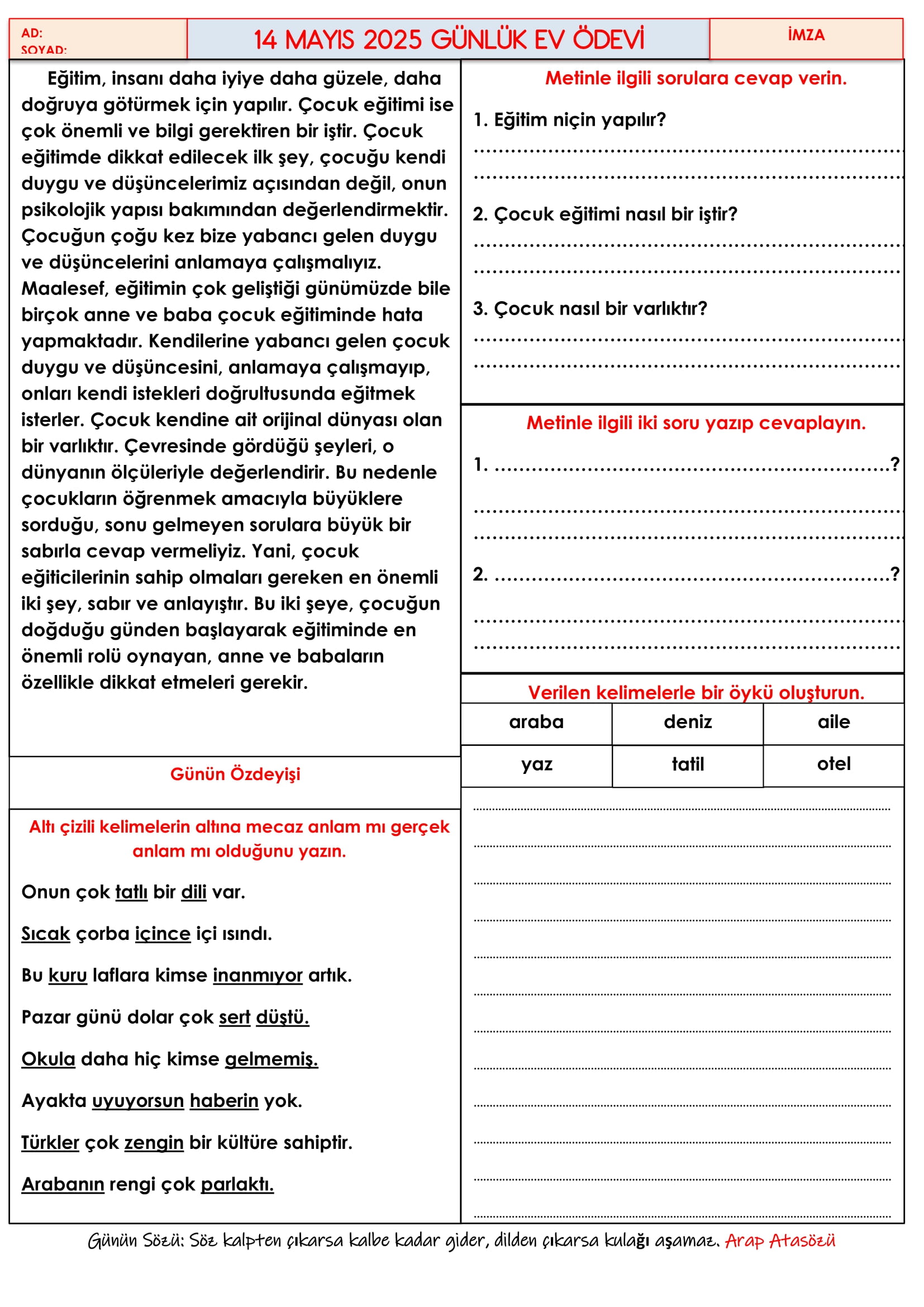 4. Sınıf 14 Mayıs 2025 Günlük Ev Ödevi