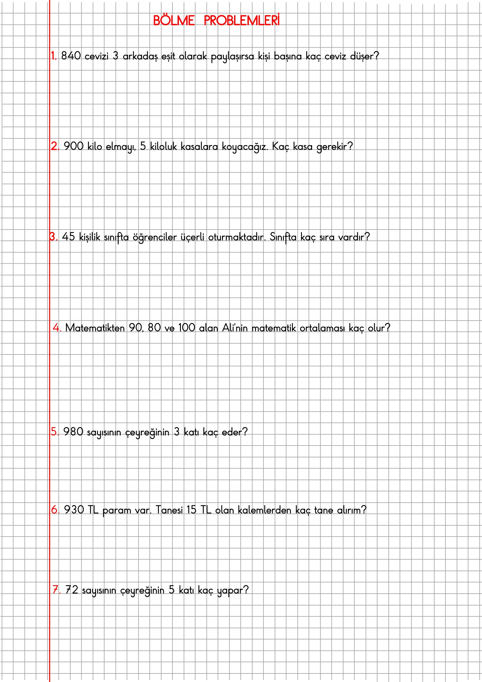 4. Sınıf Matematik Kareli Defterde Bölme Problemleri