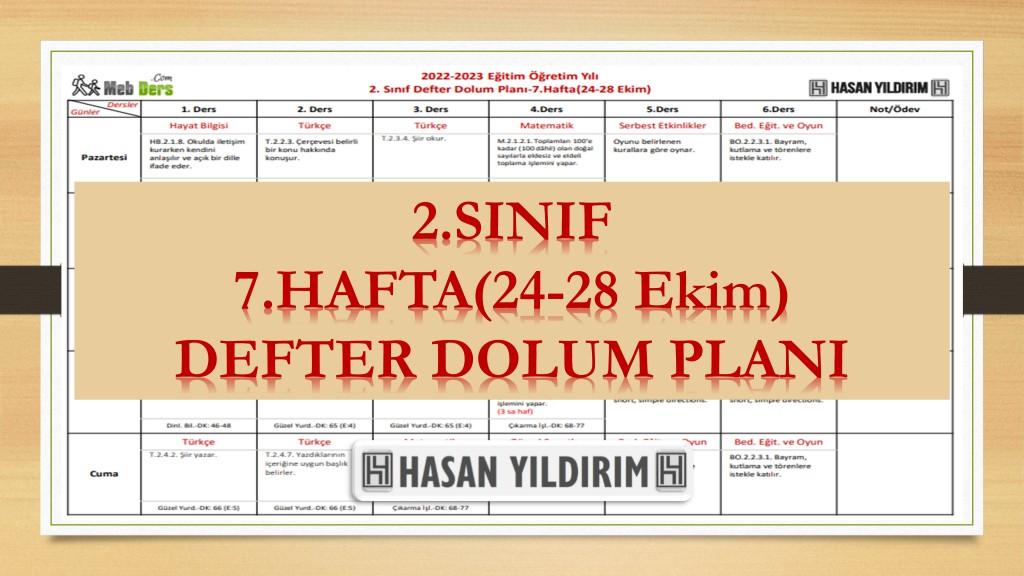 2022-2023 Eğitim Öğretim Yılı 2. Sınıf 7. Hafta (24-28 Ekim) Defter Dolum Planı