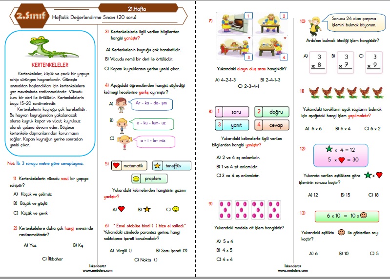 2. Sınıf Haftalık Değerlendirme Testi - 21.Hafta (14-18 Şubat)