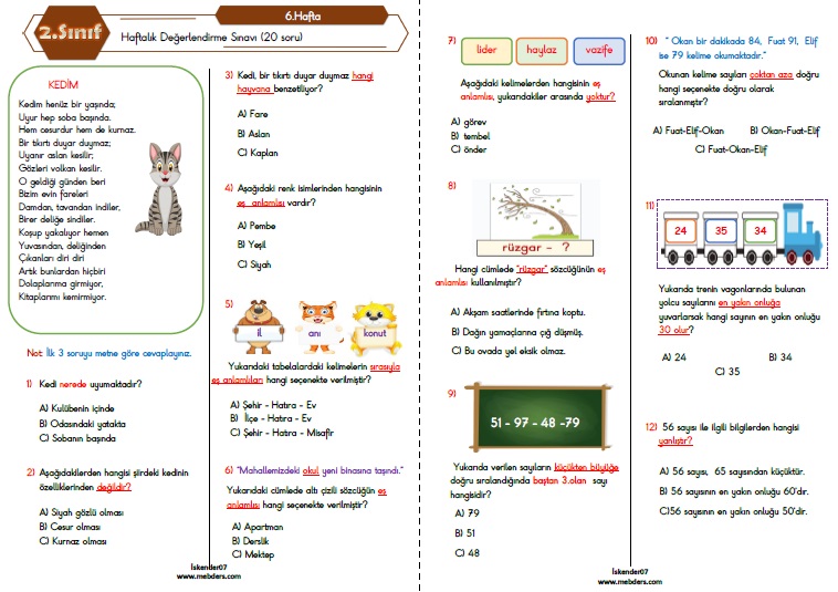 2. Sınıf Haftalık Değerlendirme Testi-6.Hafta (11-15 Ekim)