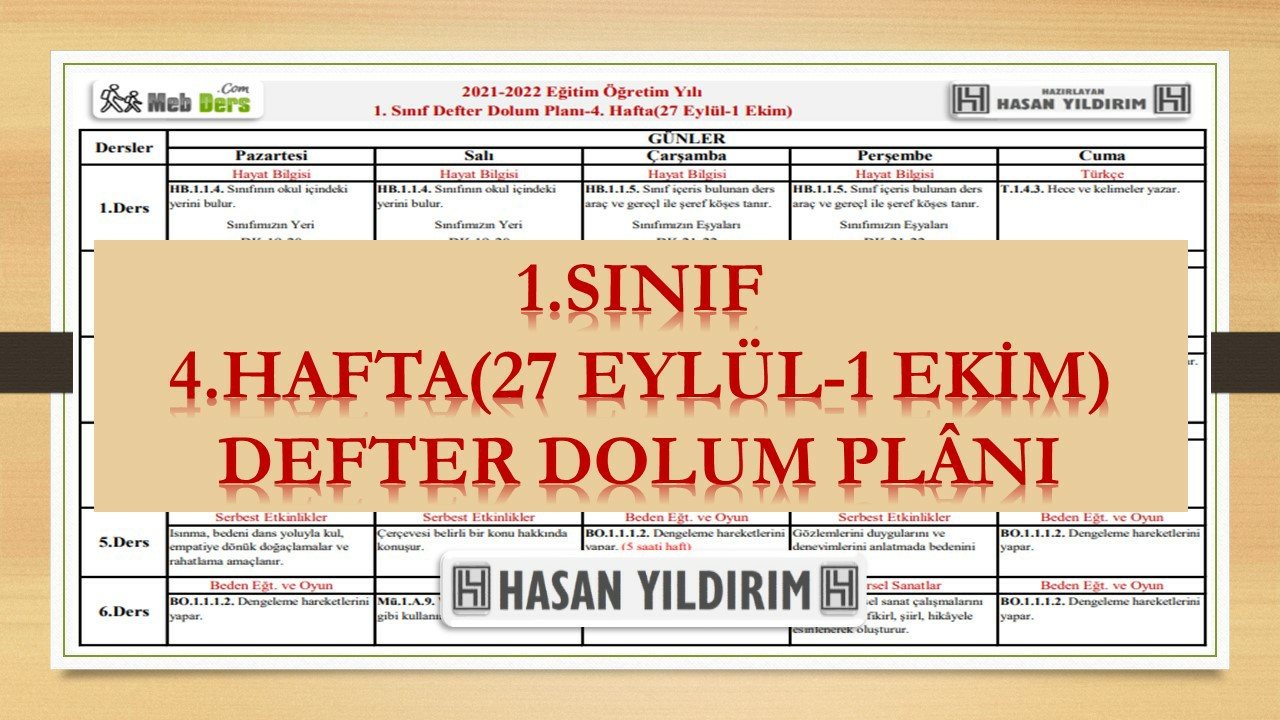 1. Sınıf 4.Hafta(27 Eylül-1 Ekim) Defter Dolum Planı