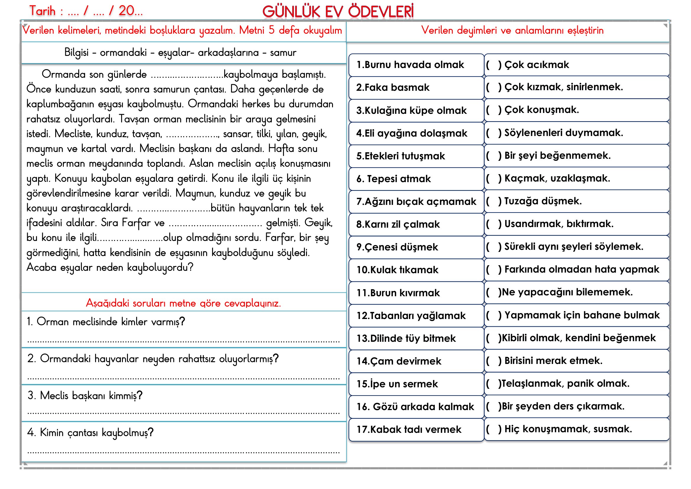 2. Sınıf - 13 Mayıs 2026 Günlük Ev Ödevleri