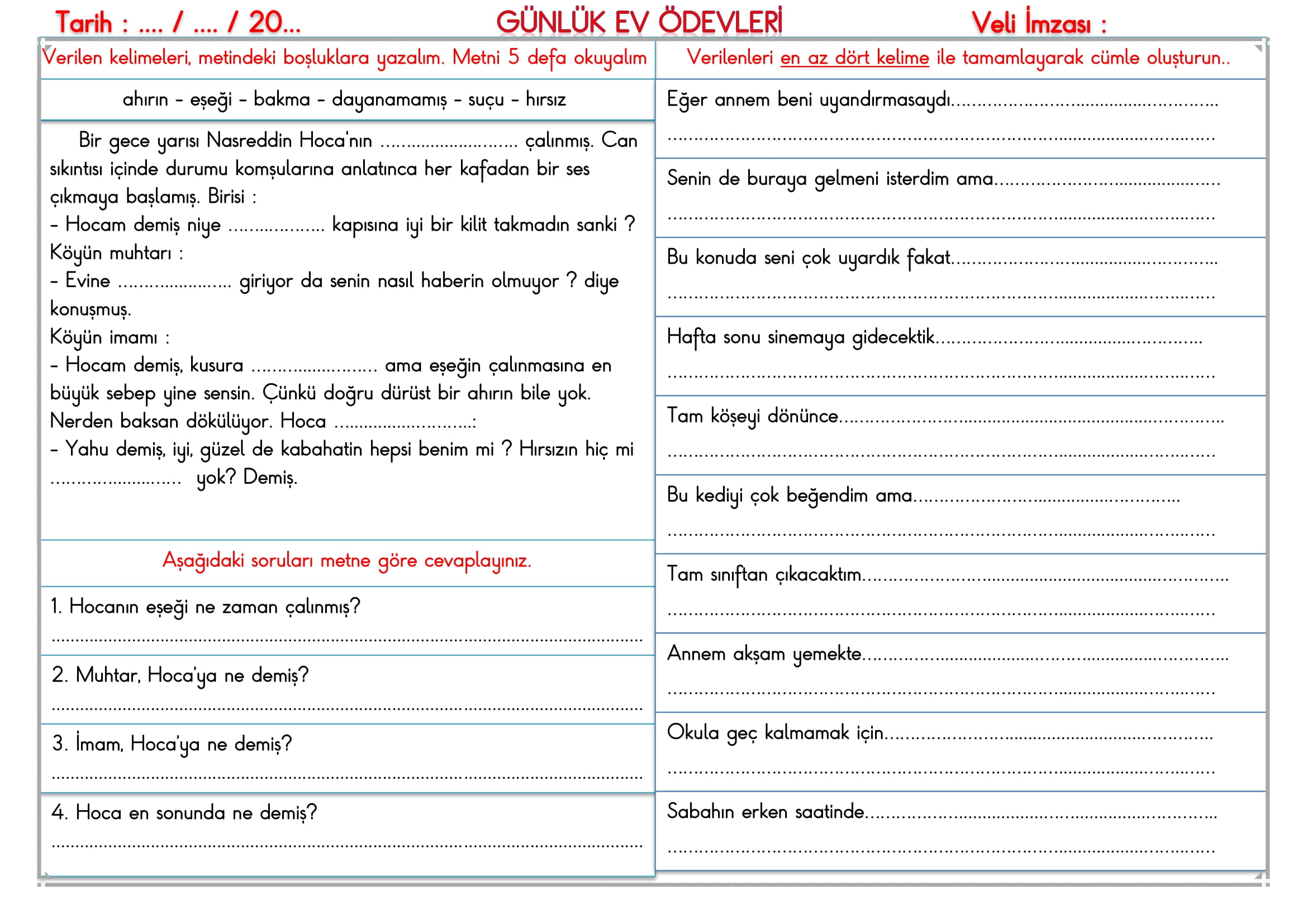 2. Sınıf - 09 Ekim 2025 Günlük Ev Ödevleri