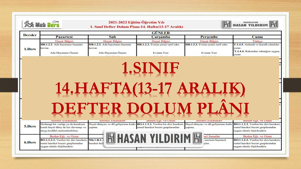 1. Sınıf 14.Hafta(13-17 Aralık) Defter Dolum Planı