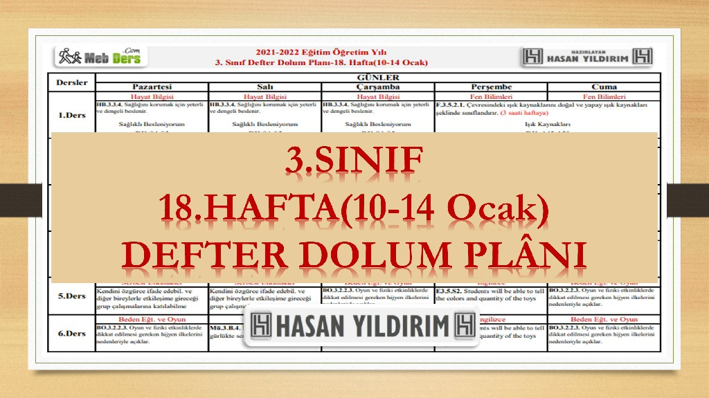 3. Sınıf 18.Hafta(10-14 Ocak) Defter Dolum Planı