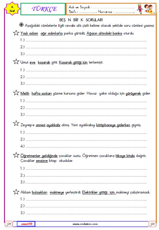 4. Sınıf Türkçe 5N 1K Soruları Etkinliği
