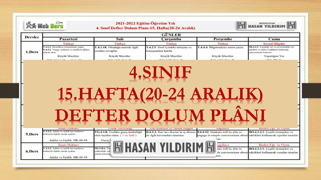 4. Sınıf 15.Hafta(20-24 Aralık) Defter Dolum Planı