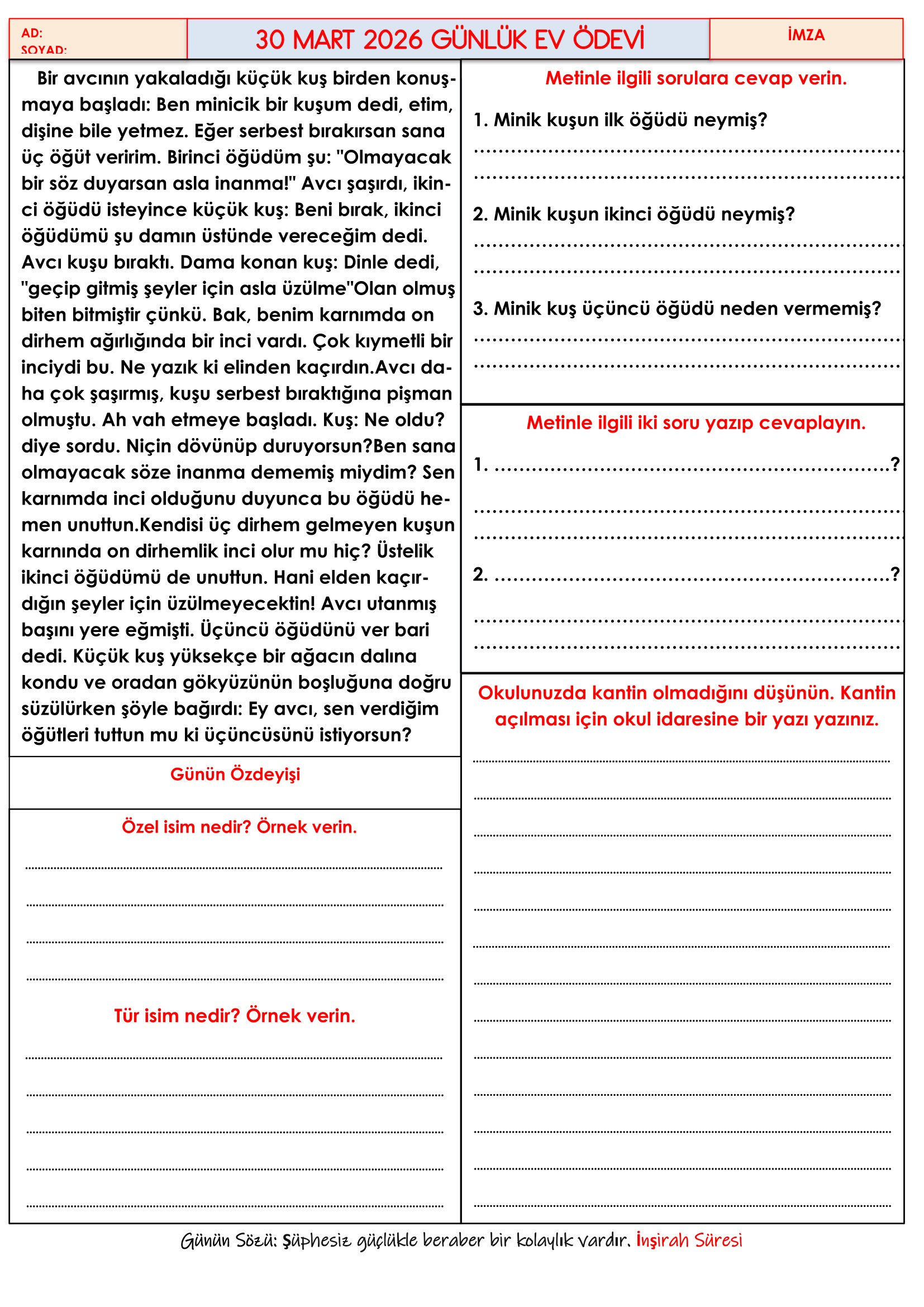 4. Sınıf - 30 Mart 2026 Günlük Ev Ödevleri