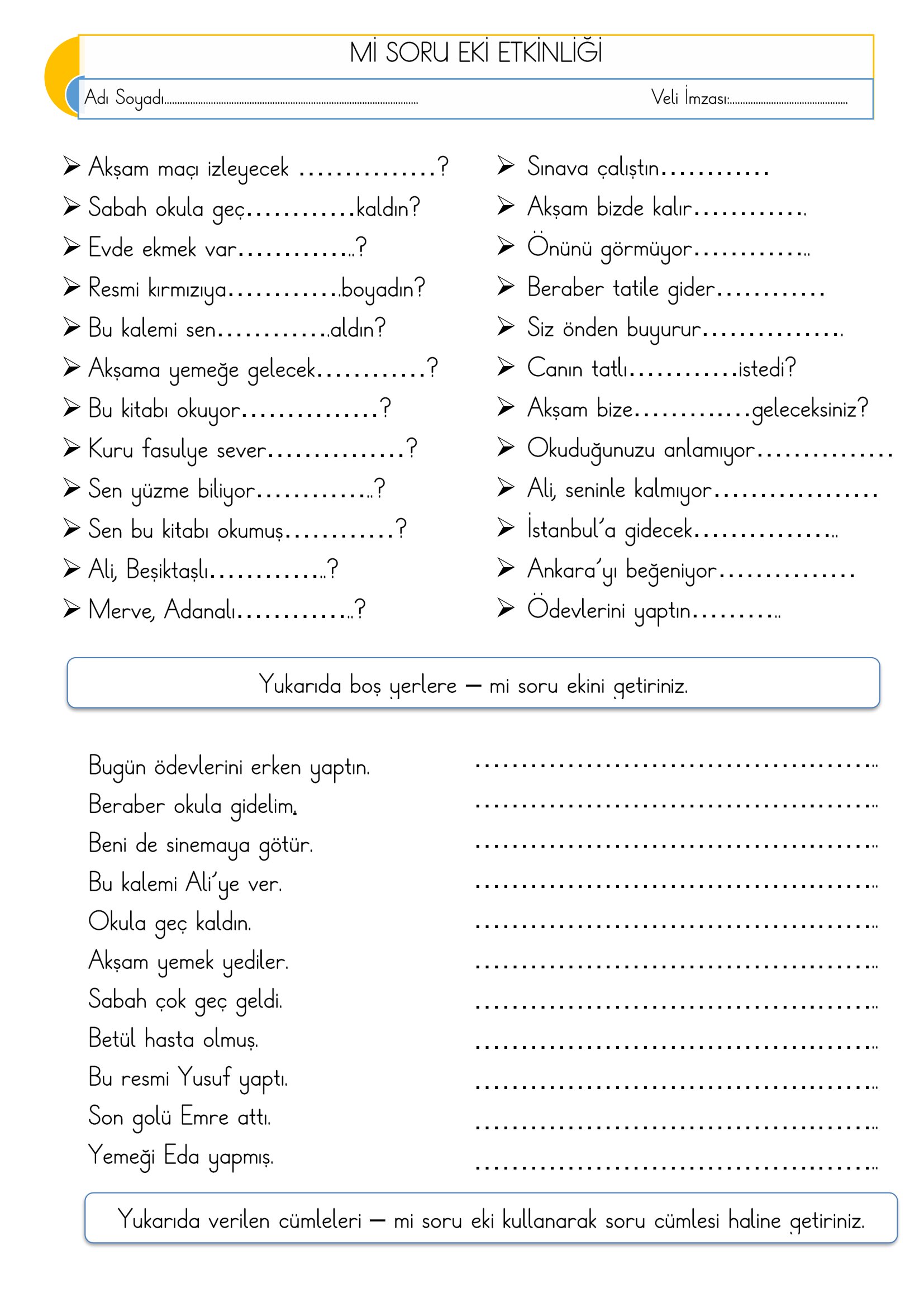 2. Sınıf - Türkçe Mi Soru Eki Etkinliği
