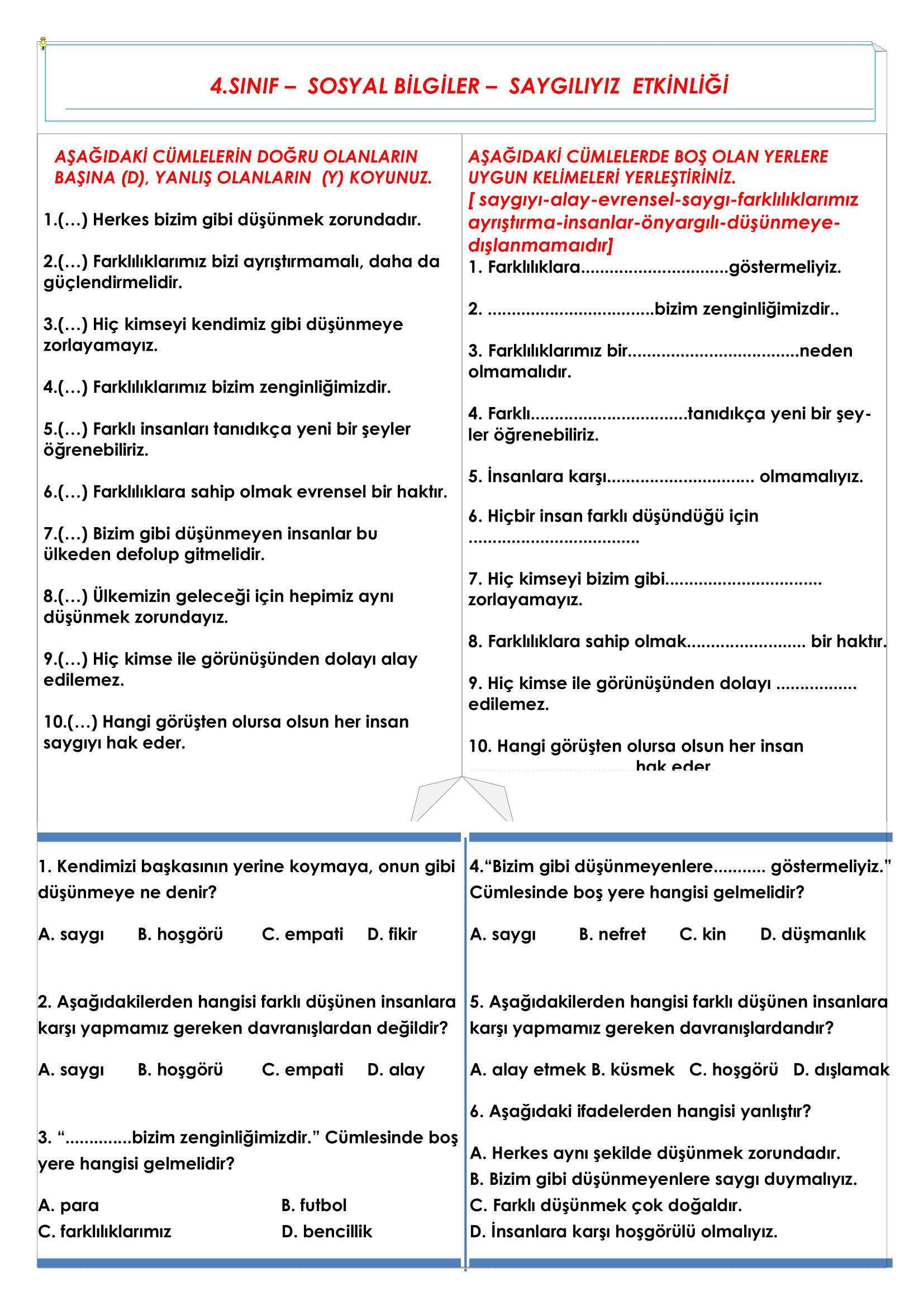 4. Sınıf - Sosyal Bilgiler - Saygılıyız Etkinliği