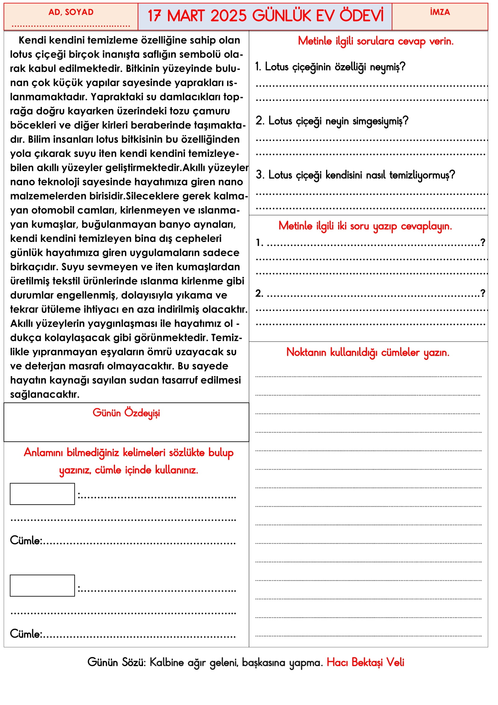 3. Sınıf 17 Mart 2025 Günlük Ev Ödevi