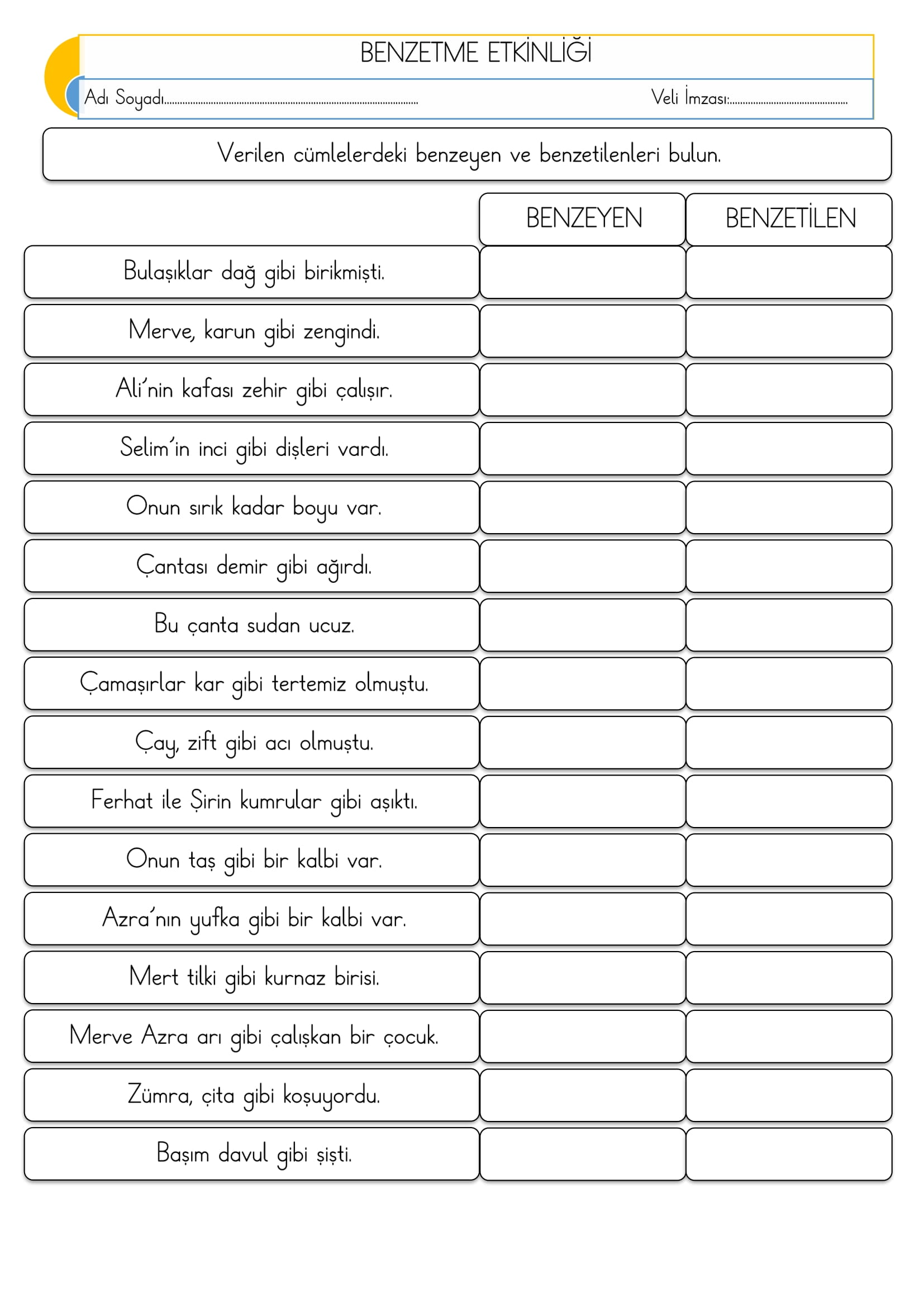 2. Sınıf - Türkçe - Benzetme Etkinliği-2