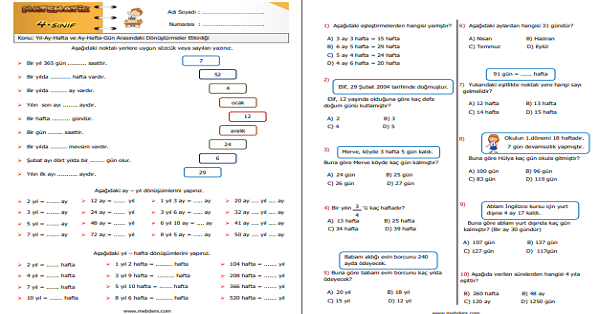 4. Sınıf Matematik Yıl-Ay-Hafta ve Ay-Hafta-Gün Arasındaki Dönüştürmeler Etkinliği 3