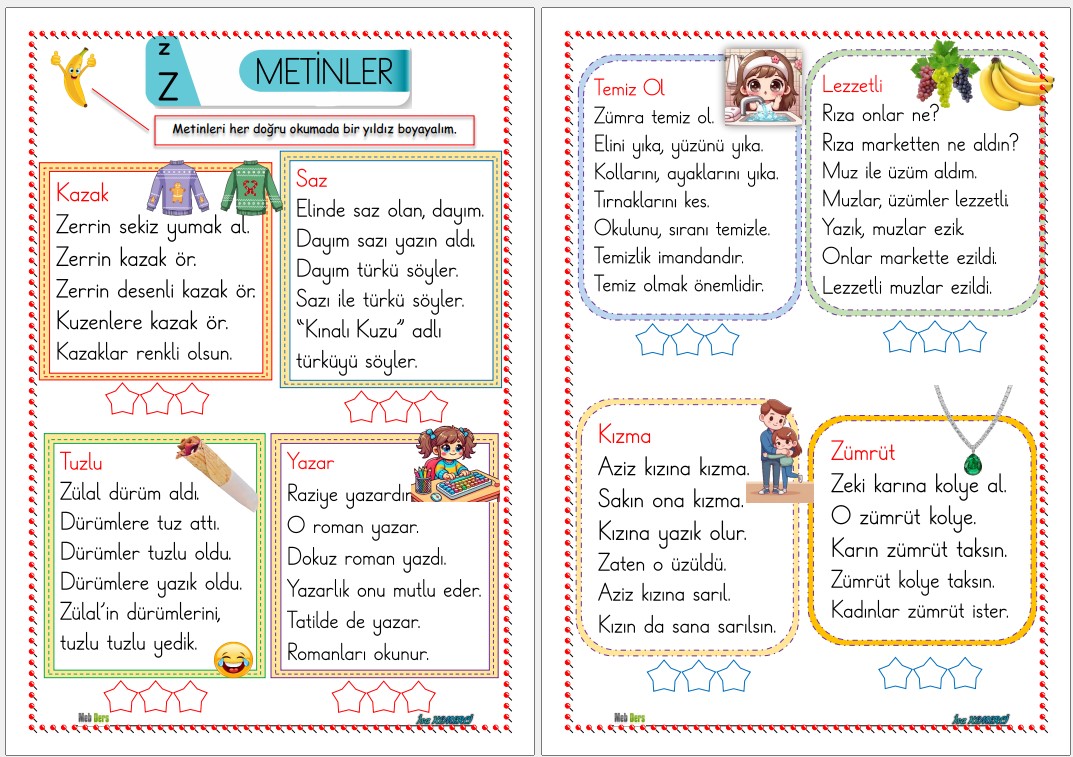 1. Sınıf İlk Okuma Yazma Z Sesi METİNLER