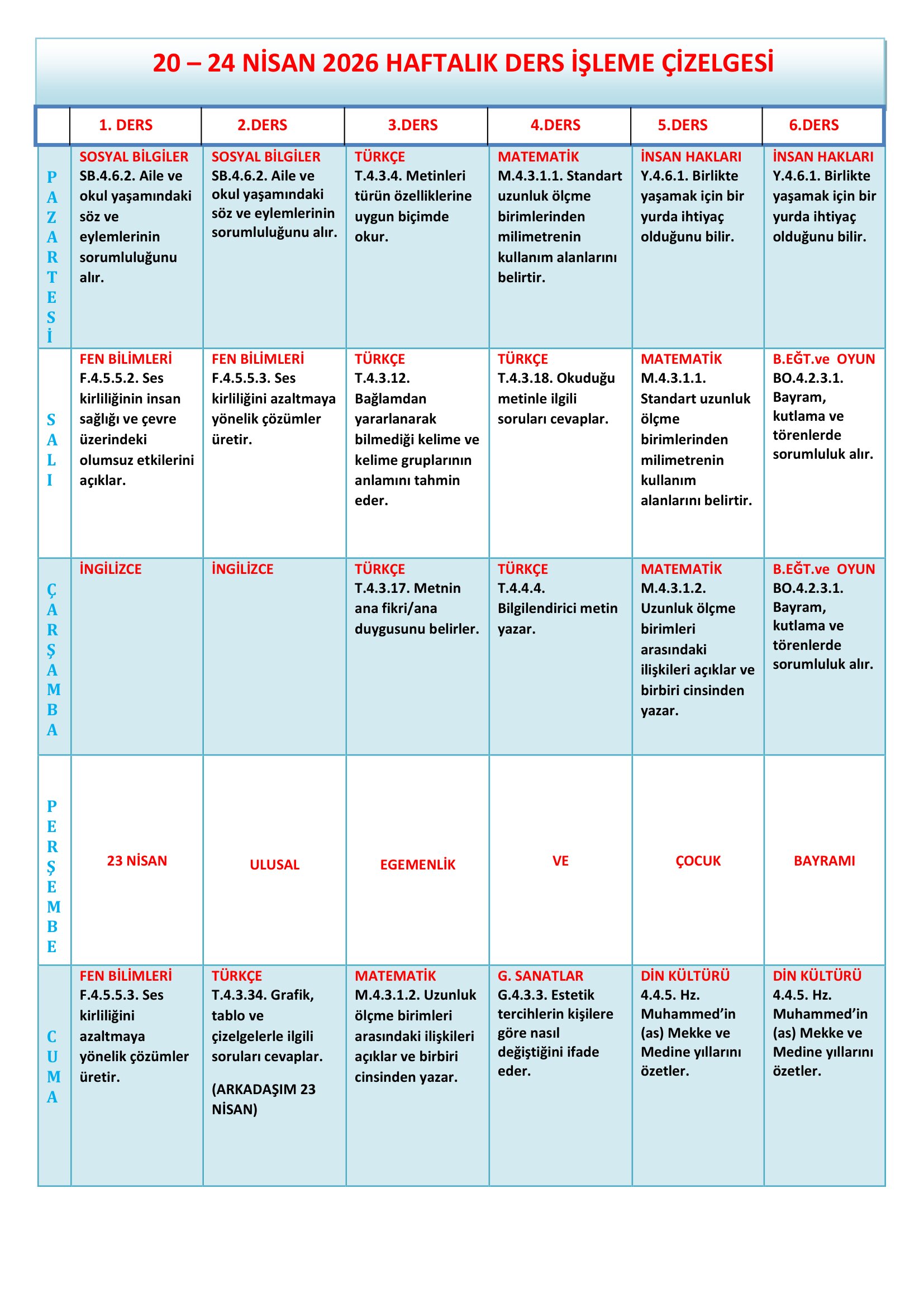 4. Sınıf 20 - 24 Nisan 2026 Haftalık Ders İşleme Çizelgesi.doc