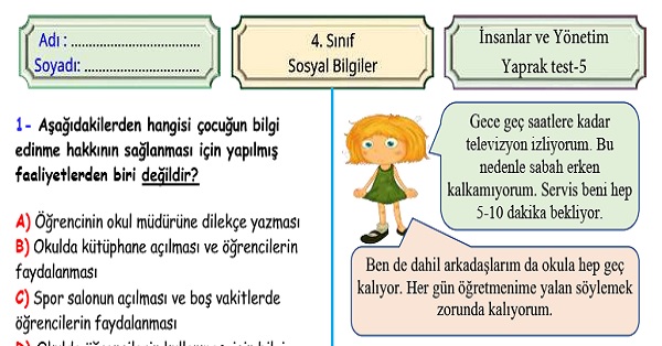 4. Sınıf Sosyal Bilgiler İnsanlar ve Yönetim Ünitesi Yaprak Test 5