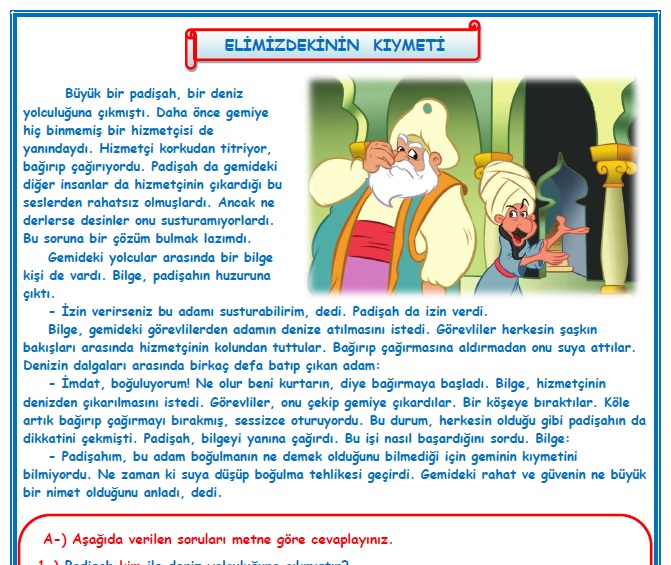 2. Sınıf Türkçe Elimizdekinin Kıymeti Okuma Anlama Çalışması
