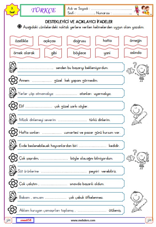 3. Sınıf Türkçe Destekleyici ve Açıklayıcı İfadeler Etkinliği 4