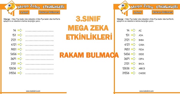 3. Sınıf Mega Zeka Etkinliği - Rakam Bulmaca