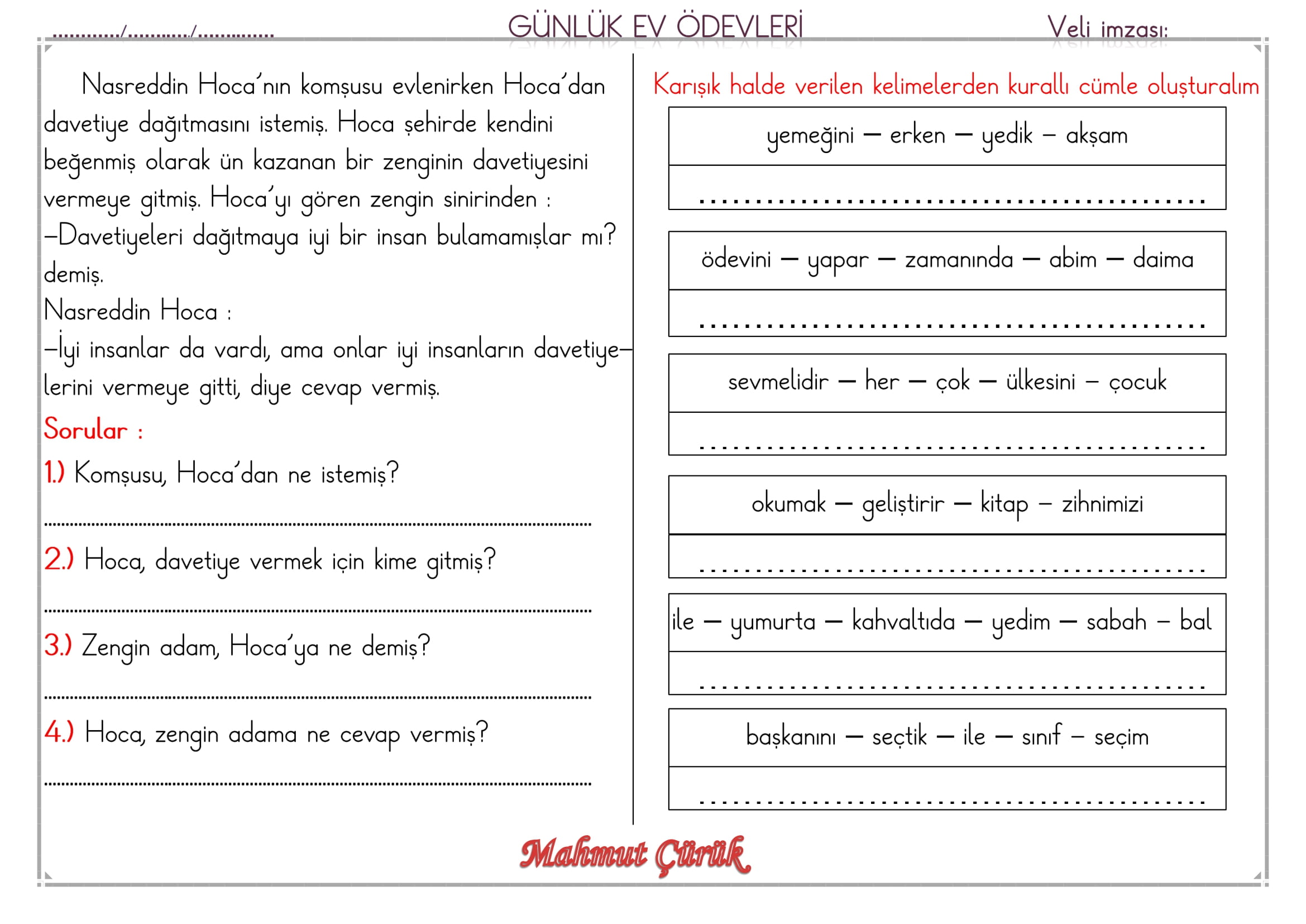 1. Sınıf 03 Haziran 2025 Günlük Ev Ödevi
