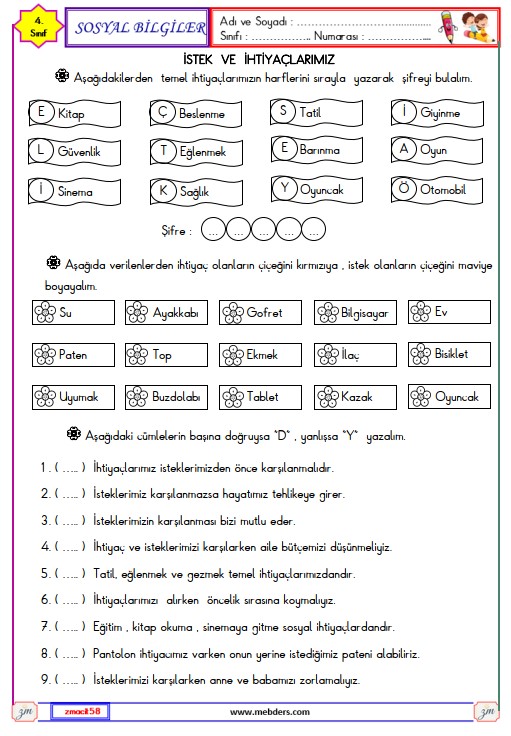 4. Sınıf Türkçe Sosyal Bilgiler İstek ve İhtiyaçlarımız Etkinliği 3