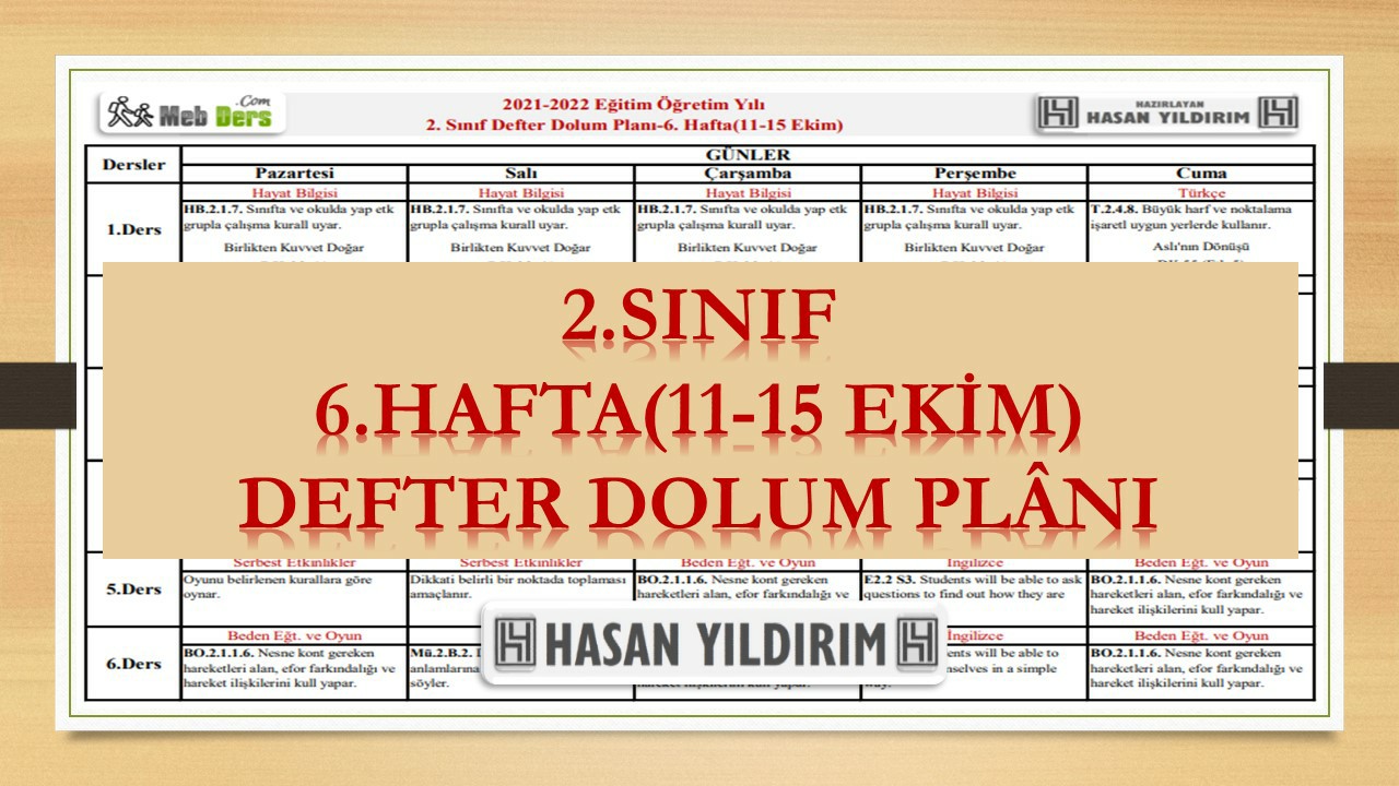 2. Sınıf 6.Hafta(11-15 Ekim) Defter Dolum Planı