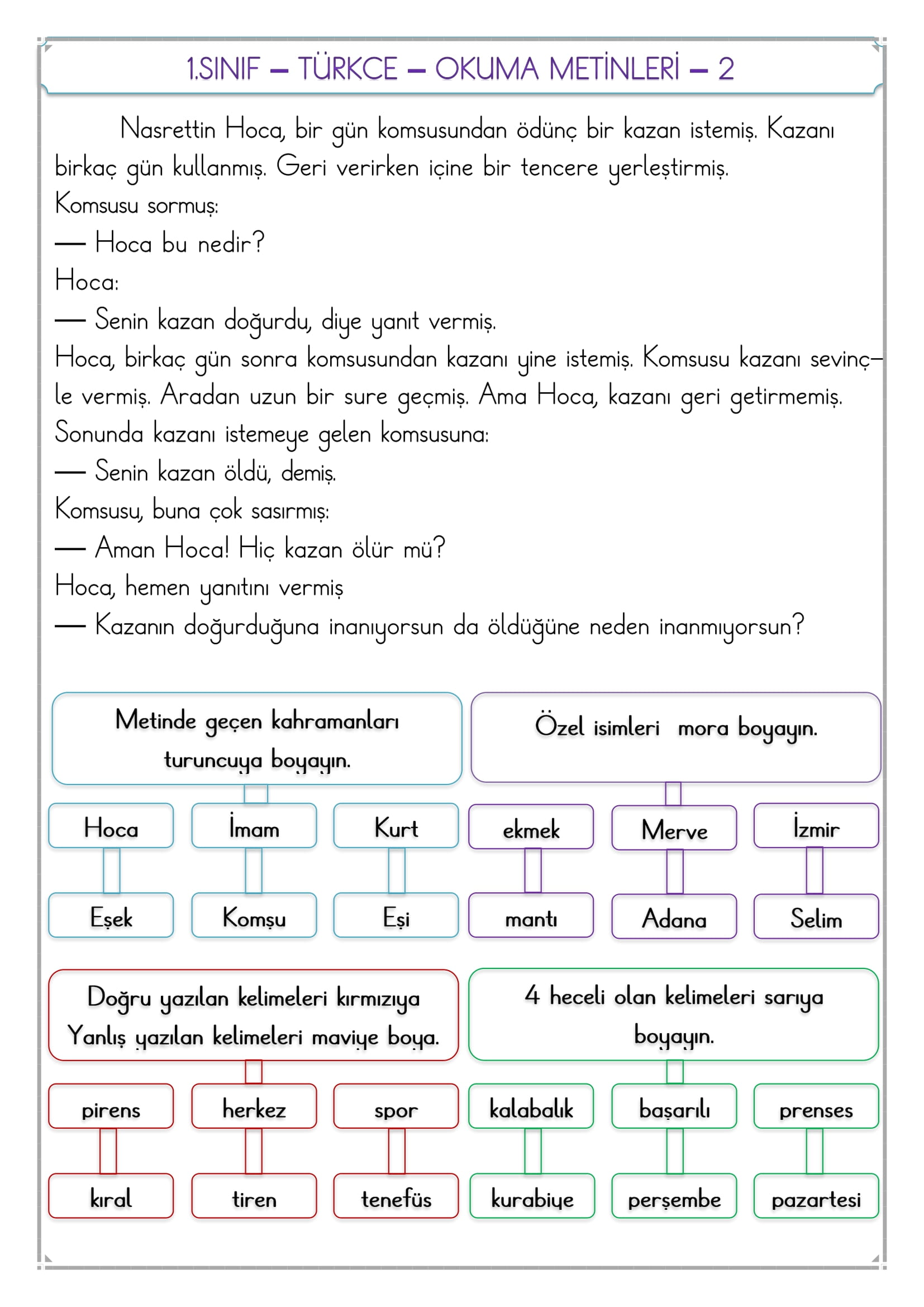 1. Sınıf Türkçe Okuma Metni ve Dilbilgisi Çalışması-2