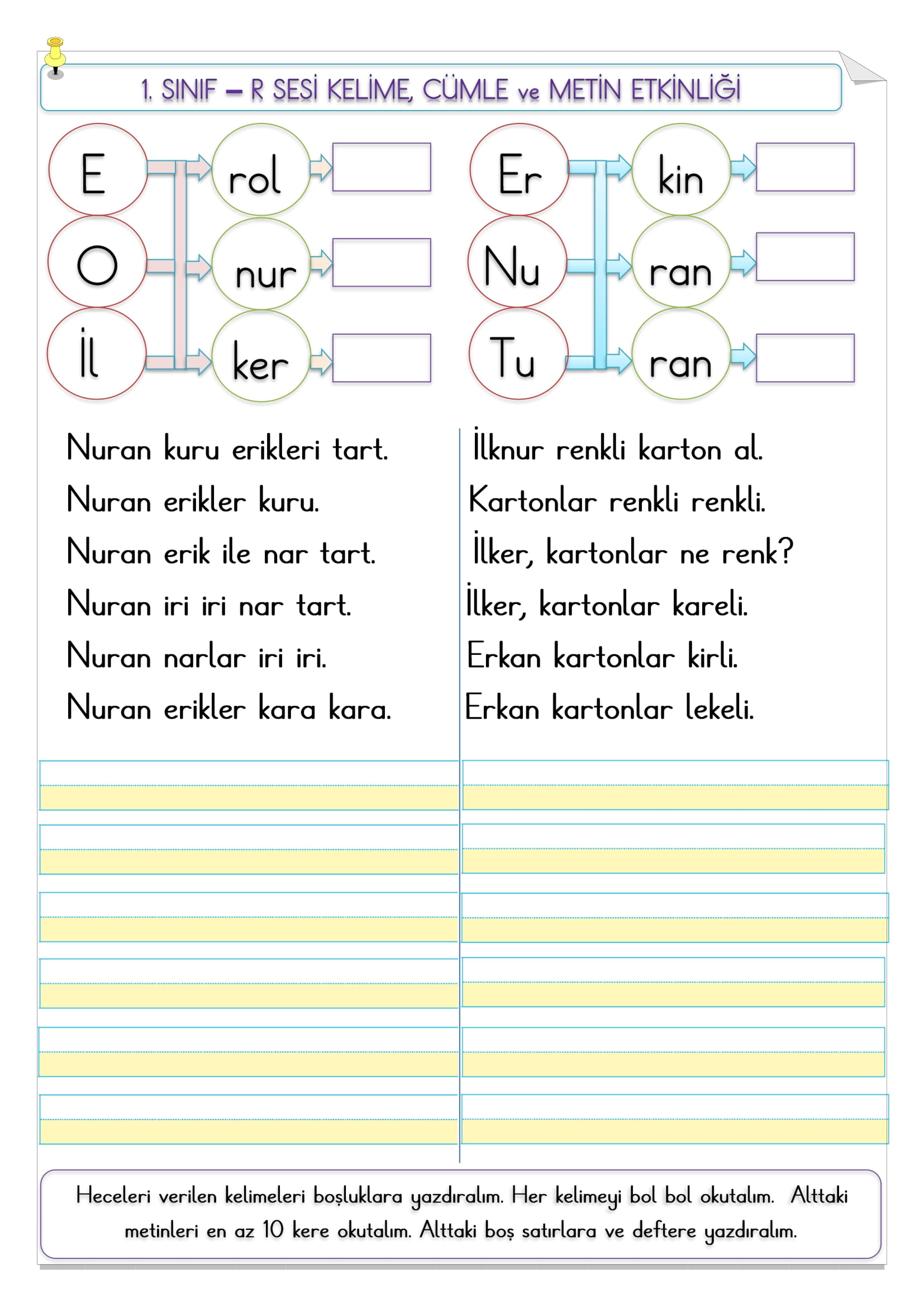 1. Sınıf R sesi kelime, cümle ve metin etkinliği
