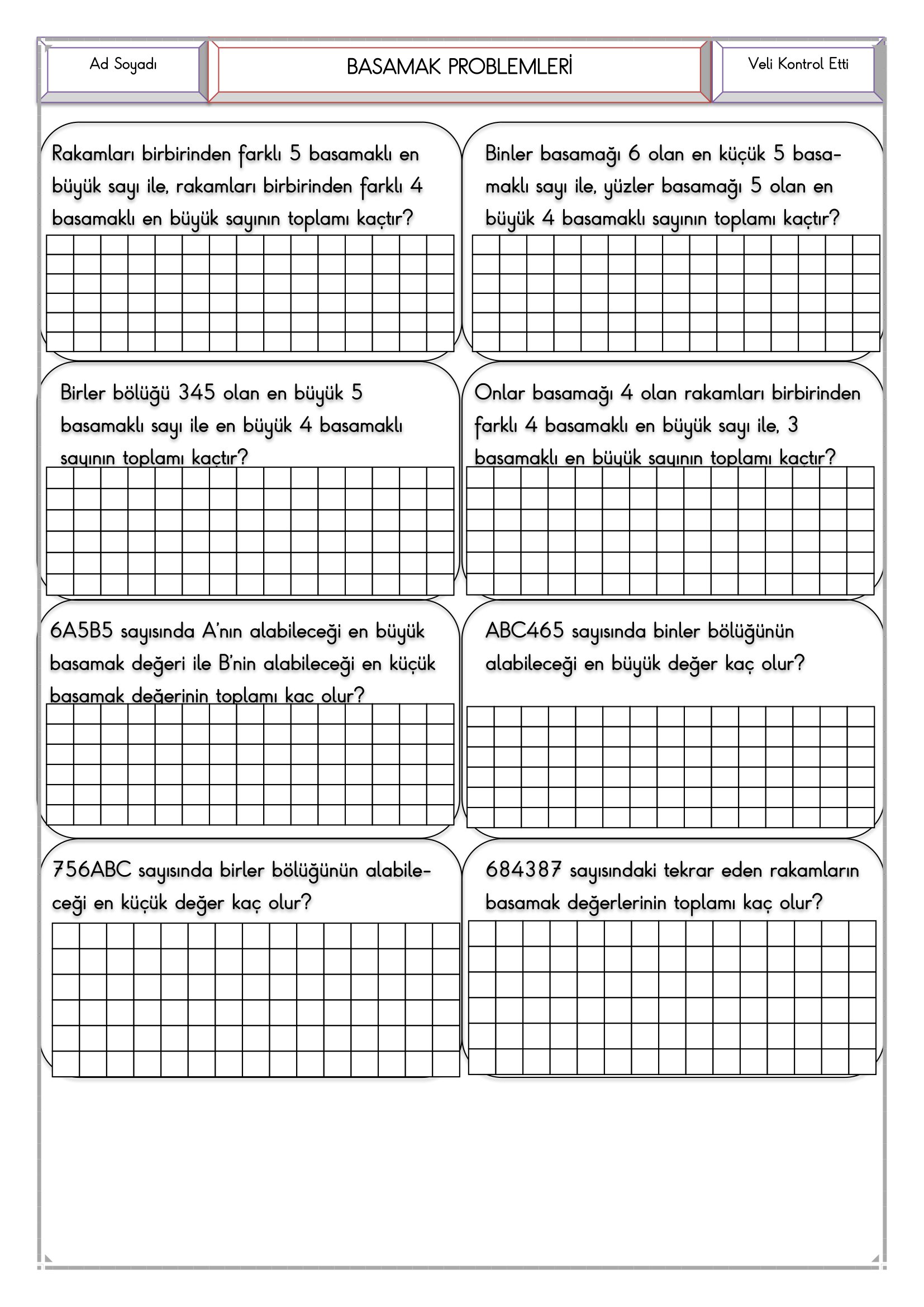 4. Sınıf - Matematik Basamak Problemleri