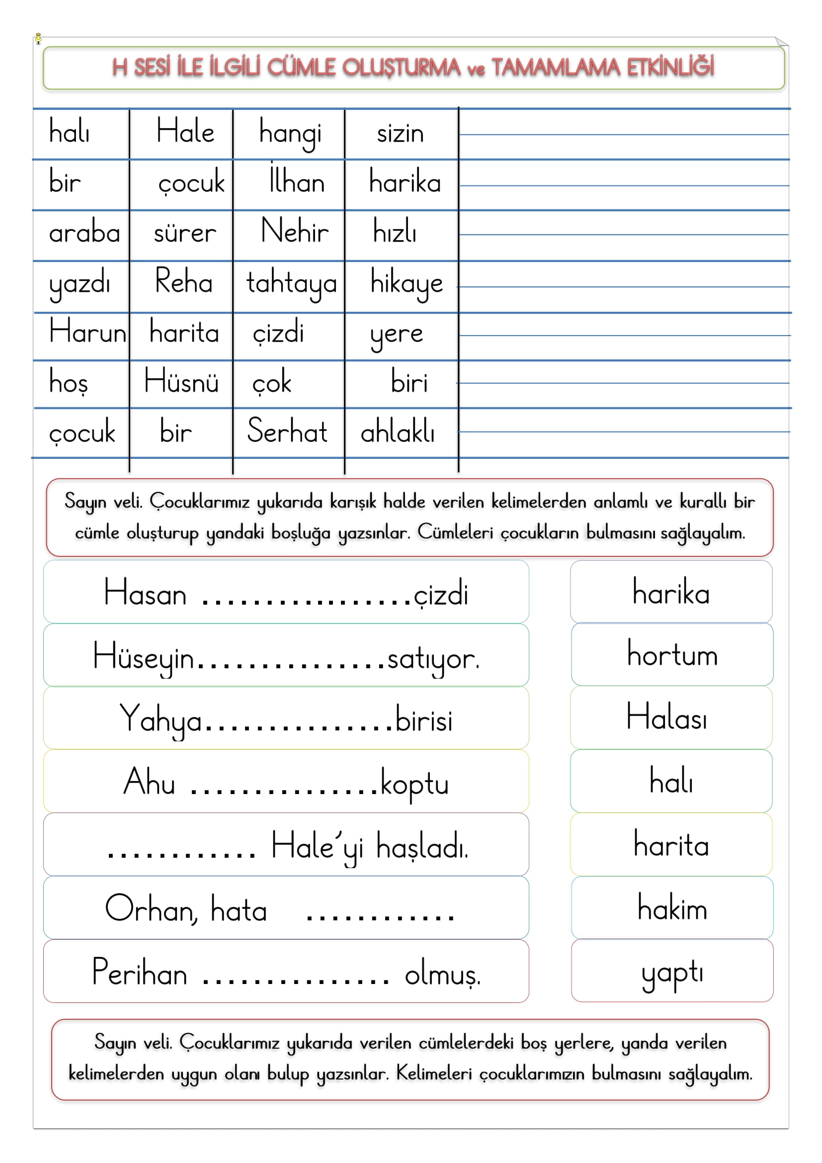 1. Sınıf H Sesi Cümle Oluşturma ve Tamamlama Etkinliği