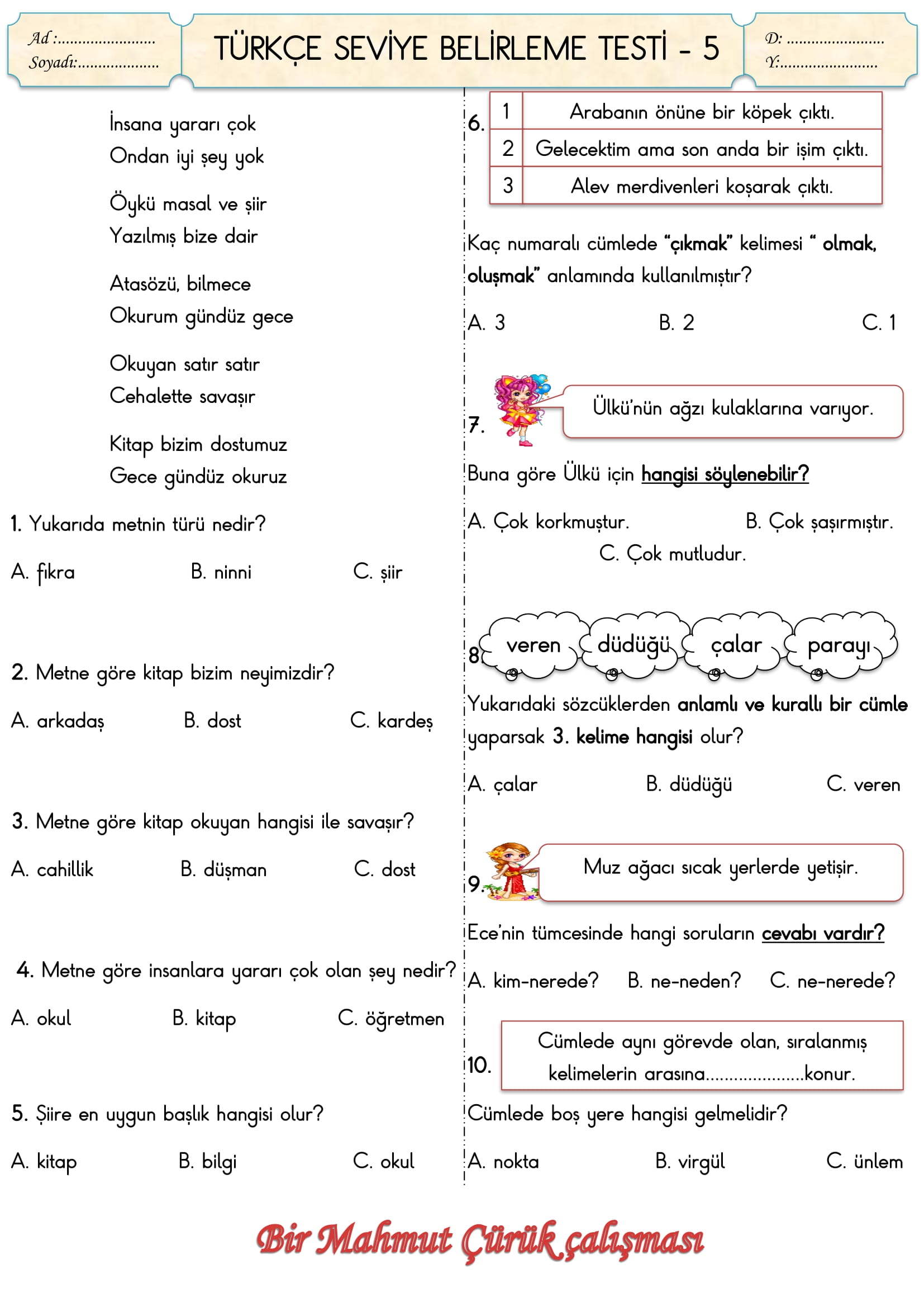 2. Sınıf Türkçe Seviye Belirleme Testi-5