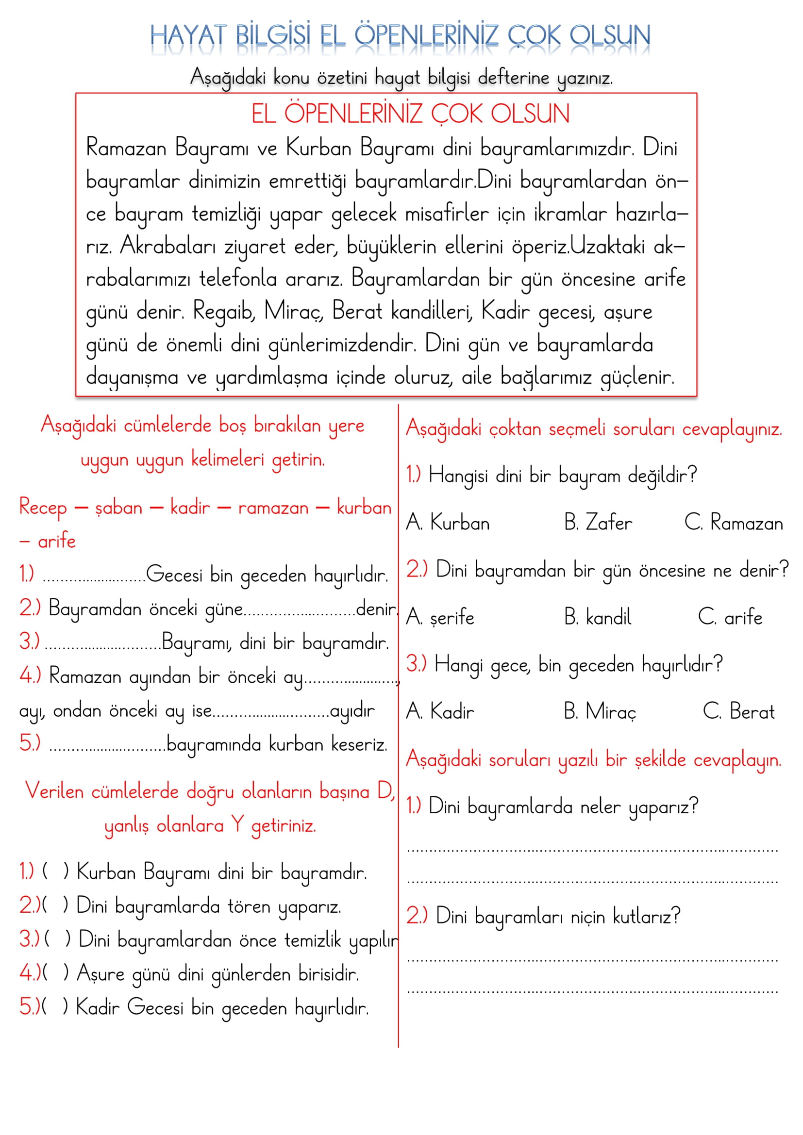 1. Sınıf Hayat Bilgisi El Öpenleriniz Çok Olsun
