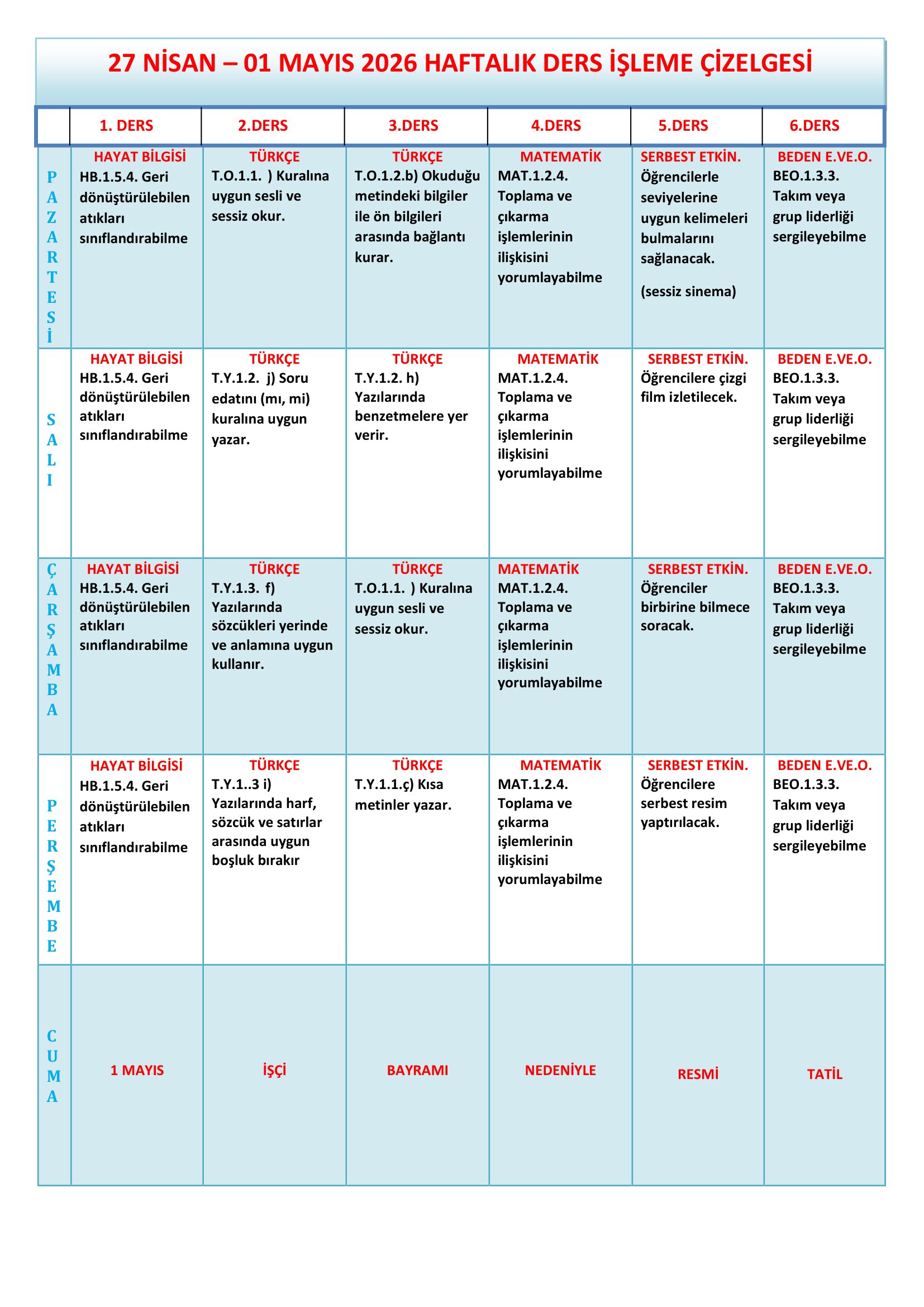 1. Sınıf 27 Nisan - 01 Mayıs 2026 Haftalık Ders İşleme Çizelgesi.doc