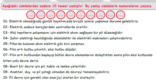 4. Sınıf Fen Bilimleri Basit Elektrik Devre Elemanları-Doğru Yanlış Etkinliği