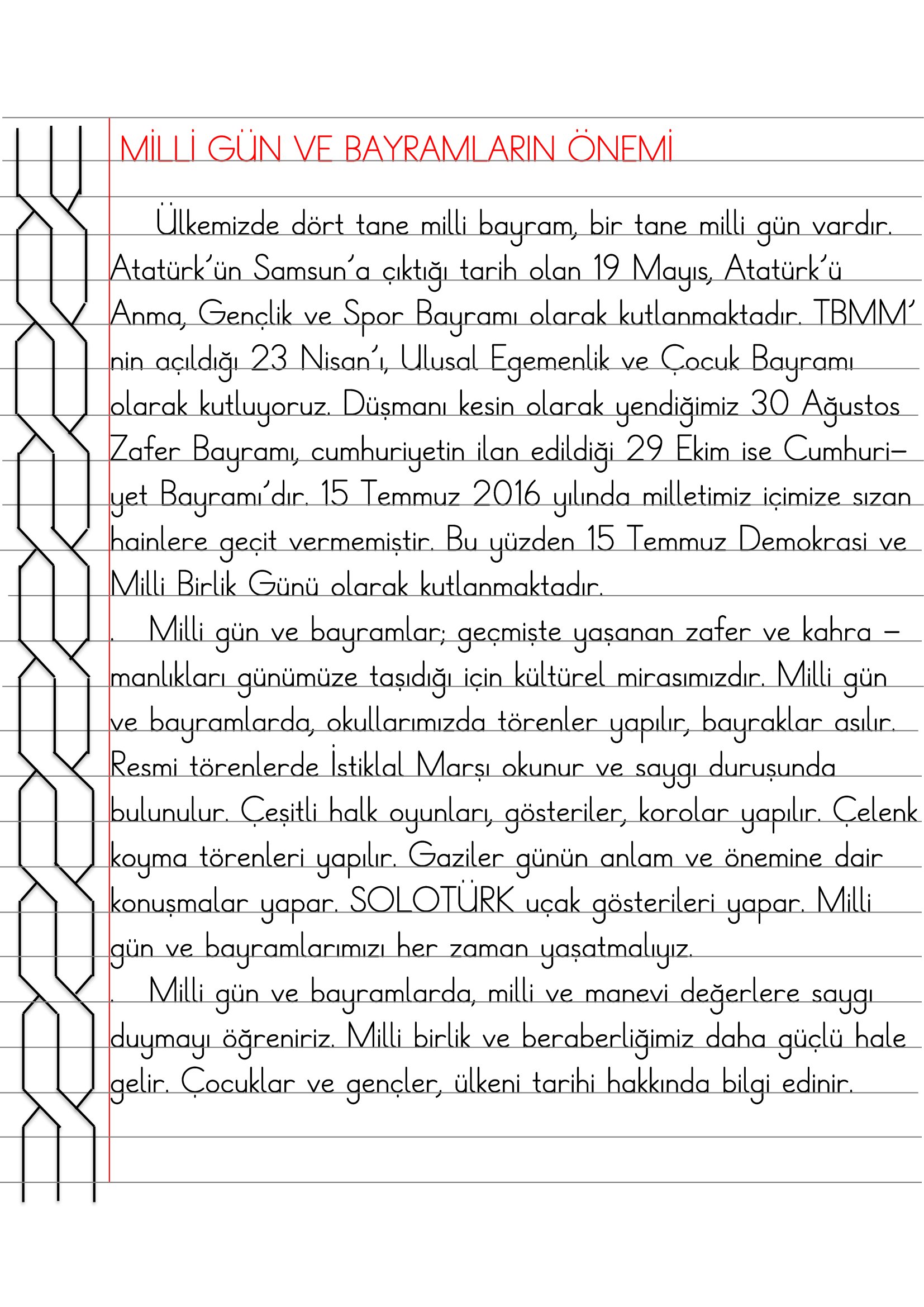 2. Sınıf - Hayat Bilgisi Milli Gün ve Bayramların Önemi Defter Özeti