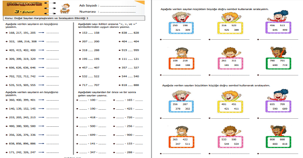 3. Sınıf Matematik Doğal Sayıları Karşılaştıralım ve Sıralayalım Etkinliği 3