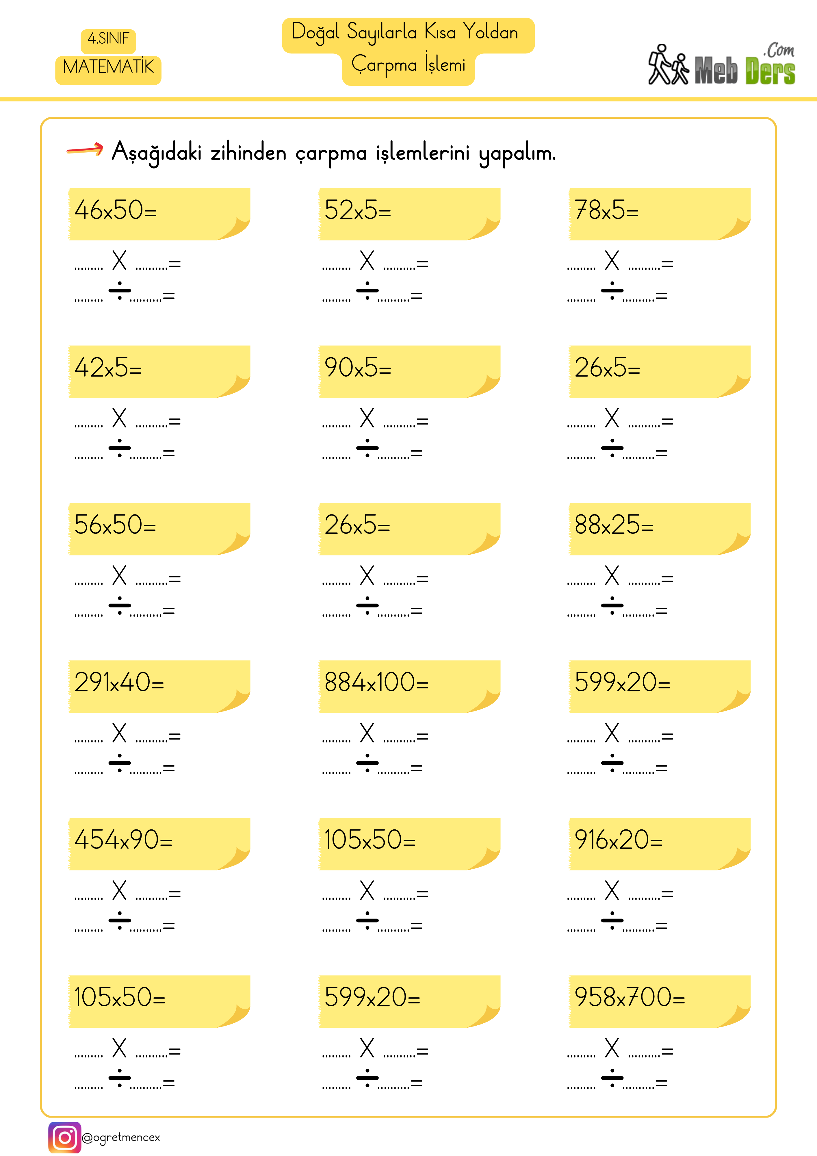 4. Sınıf Matematik Kısa Yoldan Çalışma İşlemi Çalışma Sayfası