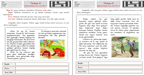 2. Sınıf Türkçe Metinde Başlık, Konu, Ana Fikir Çalışma Sayfaları