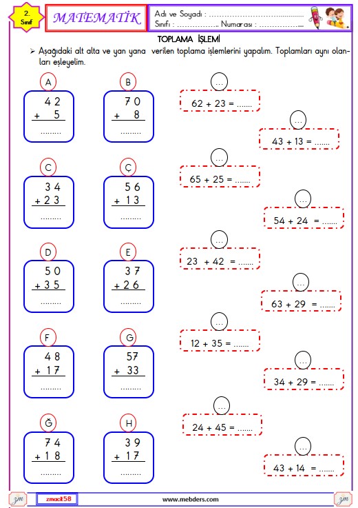 2. Sınıf Matematik Toplama İşlemi Etkinliği 2