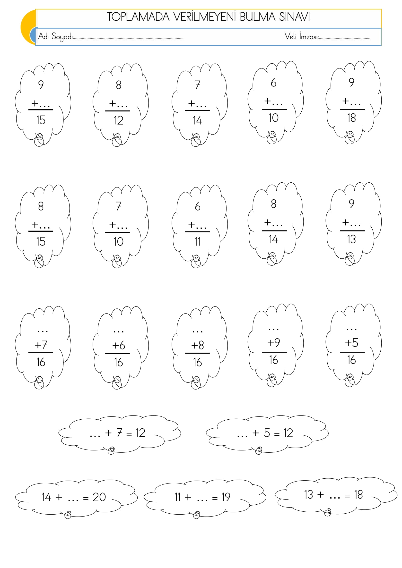 1. Sınıf Matematik Toplamada verilmeyeni bulma Sınavı
