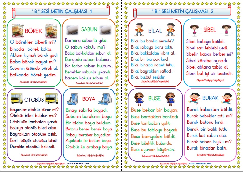 1. Sınıf B-b Sesi Metin Çalışması (4 Sayfa - 8 Farklı Metin)
