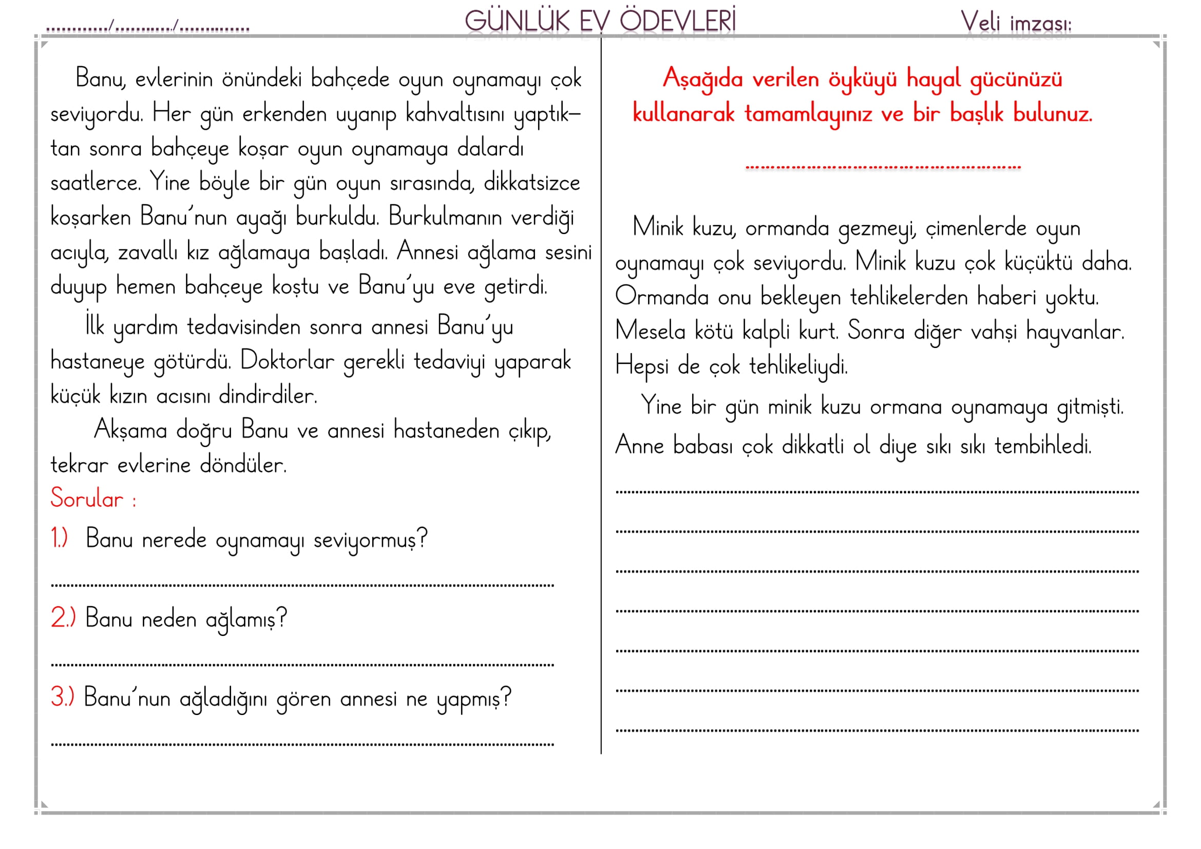 1. Sınıf 19 Şubat 2025 Günlük Ev Ödevi