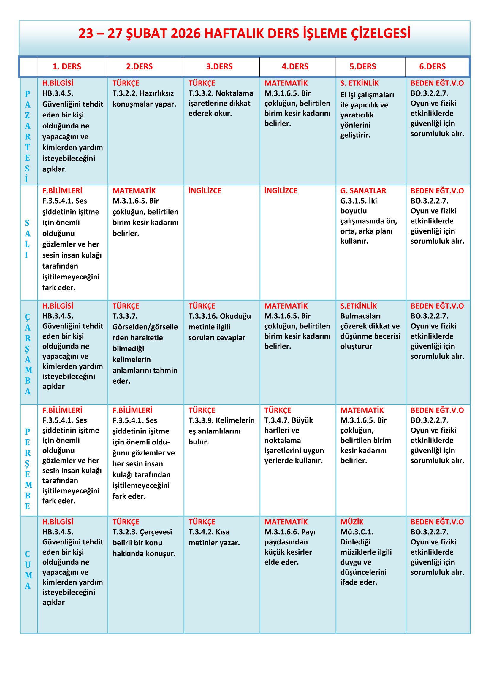 3. Sınıf 23 - 27 Şubat 2026 Haftalık Ders İşleme Çizelgesi.doc