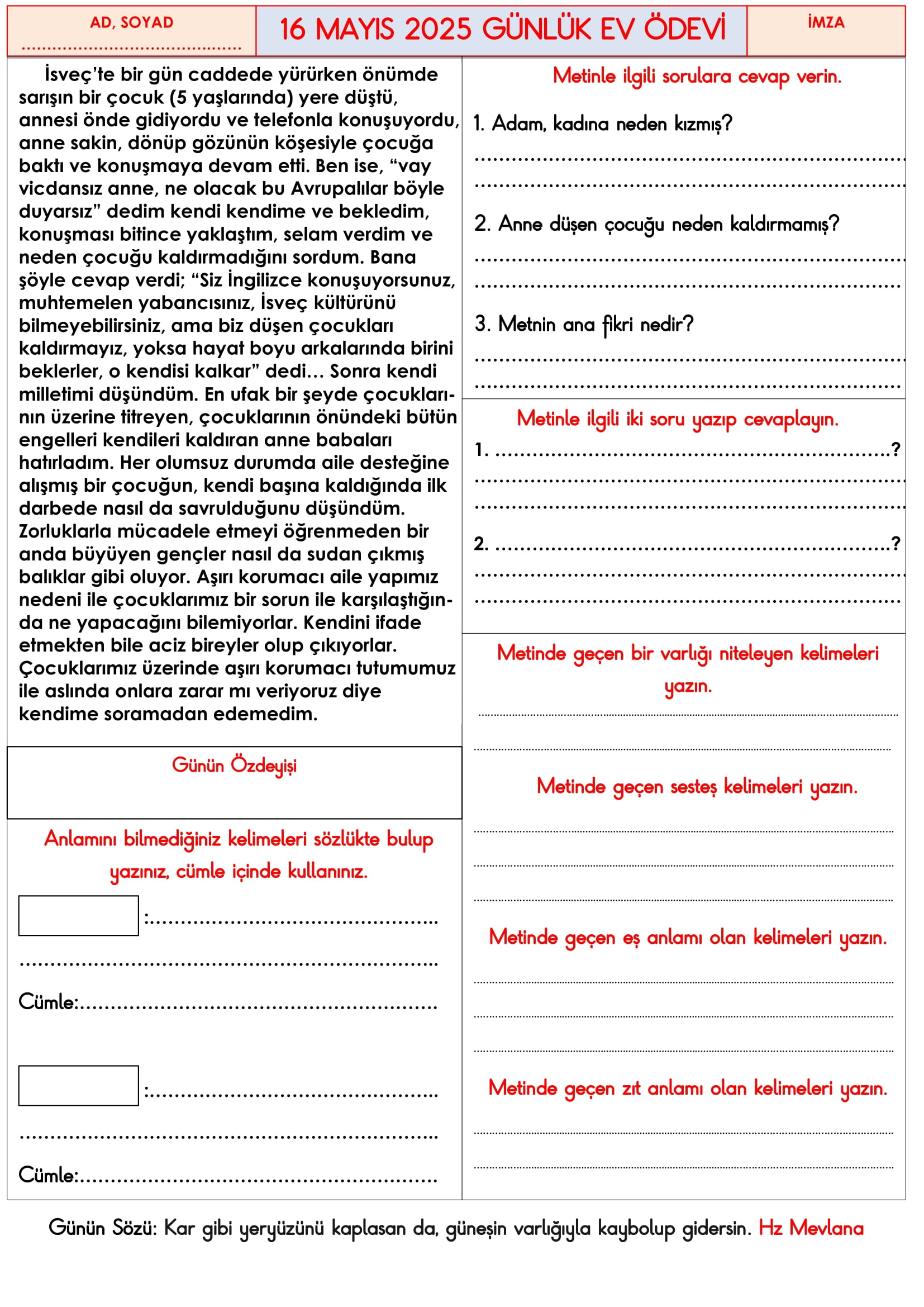3. Sınıf 16 Mayıs 2025 Günlük Ev Ödevi