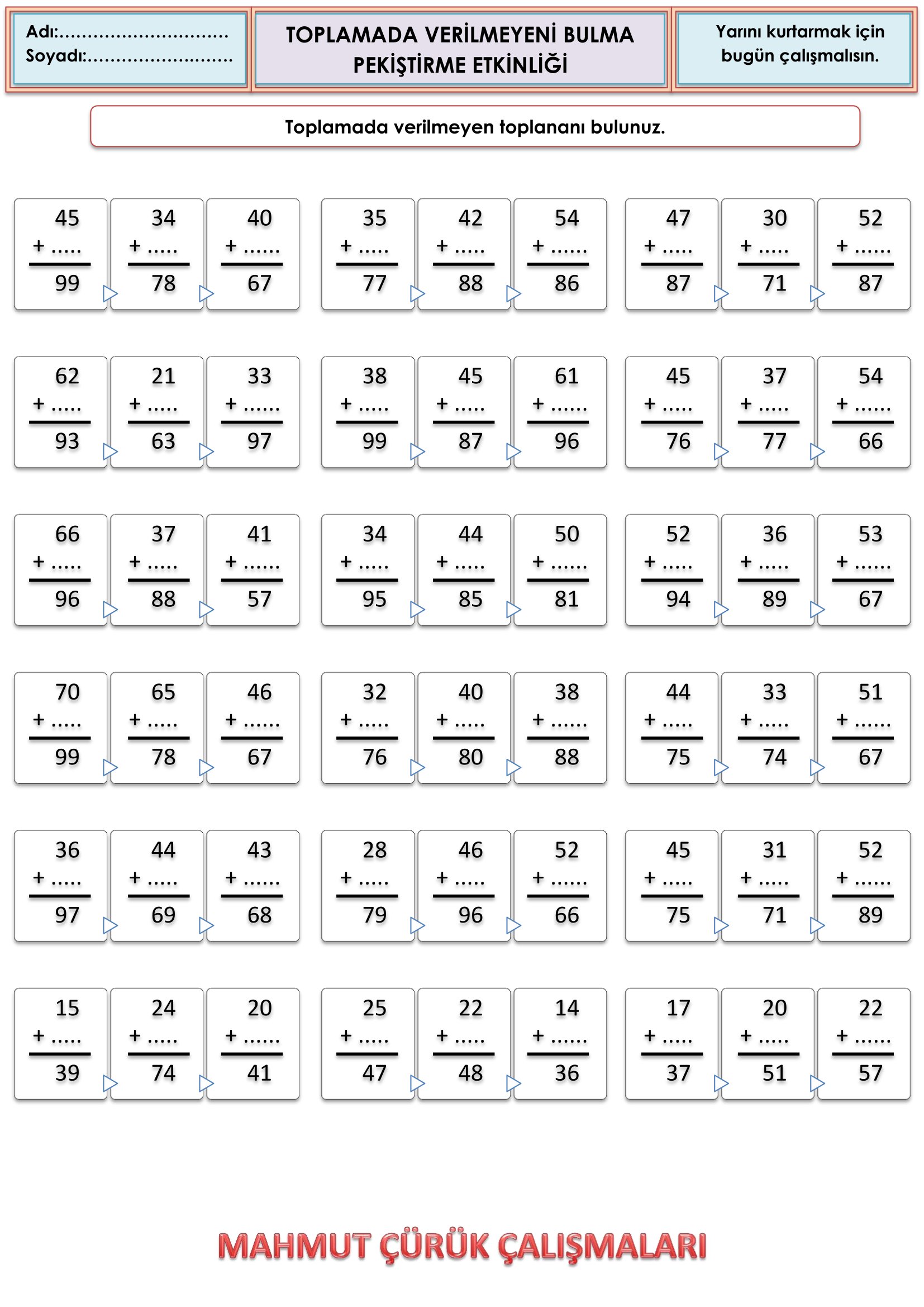 2. Sınıf - Matematik - Toplamada Verilmeyeni Bulma Etkinliği-3