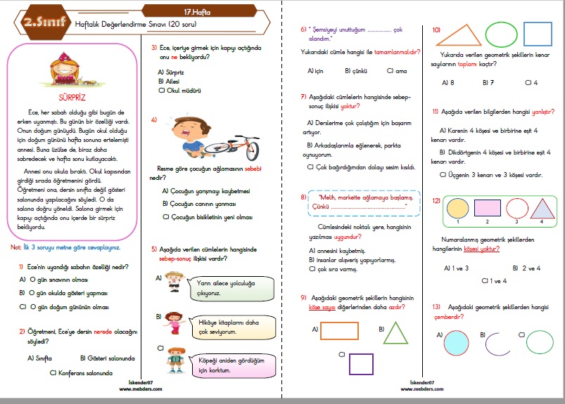 2. Sınıf Haftalık Değerlendirme Testi - 17.Hafta (03-07 Ocak)