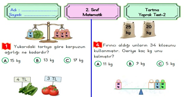 2. Sınıf Matematik Tartma Yaprak Test-2