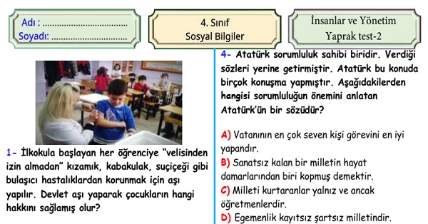 4. Sınıf Sosyal Bilgiler İnsanlar ve Yönetim Ünitesi Yaprak Test 2